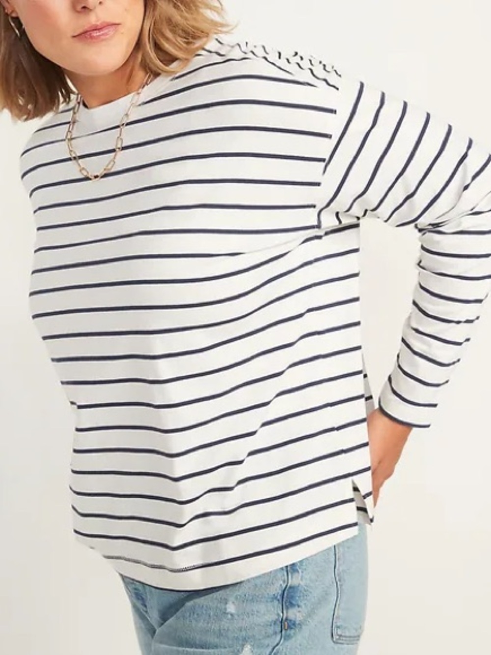 Sonoma White Long-Sleeve Top with Navy Stripes.